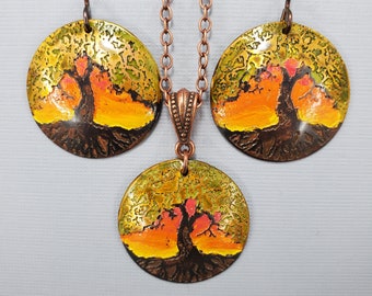 Tree of Life Necklace Tree of Life Earrings Tree of Life Set Sunset Etched Recycled Copper Jewelry