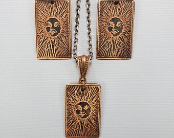 The Sun Tarot Card Jewelry Oxidized Sunburst Jewelry Celestial Sun Jewelry Sun Earrings Sun Necklace Sun Set Etched Recycled Copper Jewelry