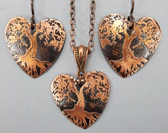 Tree of Life Necklace Tree of Life Earrings Tree of Life Set Oxidized Copper Heart Necklace Etched Recycled Copper Jewelry