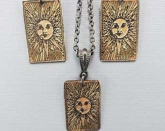 The Sun Tarot Card Jewelry White Gold Sunburst Jewelry Celestial Sun Jewelry Sun Earrings Sun Necklace Sun Set Etched Recycle Copper Jewelry