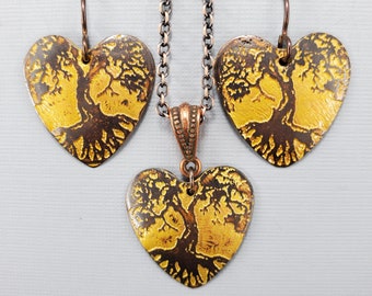 Tree of Life Necklace Tree of Life Earrings Tree of Life Set Gold Heart Necklace Etched Recycled Copper Jewelry