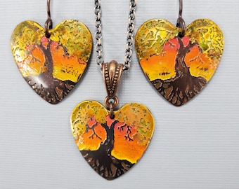 Tree of Life Necklace Tree of Life Earrings Tree of Life Set Sunset Heart Necklace Etched Recycled Copper Jewelry