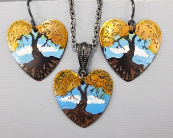Tree of Life Necklace Tree of Life Earrings Tree of Life Set Blue Sky Heart Necklace Etched Recycled Copper Jewelry