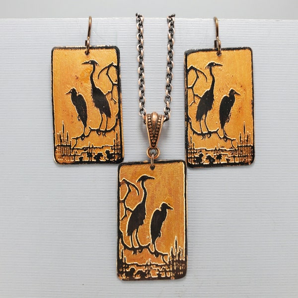 Heron Necklace Heron Earrings Heron Set Copper Heron Jewelry Etched Recycled Copper Art By Ellen Brown
