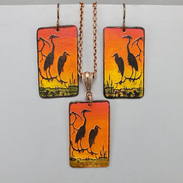 Heron Necklace Heron Earrings Heron Set Etched Recycled Copper Jewelry Sunset Necklace Sunset Earrings Art By Ellen Brown