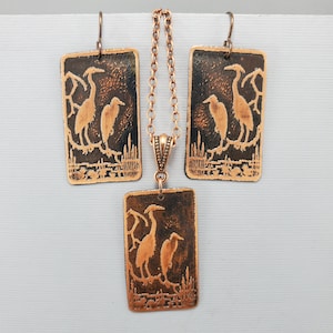 Heron Necklace Heron Earrings Heron Set Oxidized Copper Jewelry Etched Recycled Copper Art By Ellen Brown
