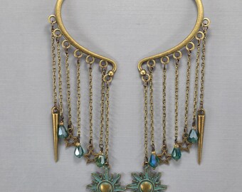 Pendientes tipo brazalete de bronce con pátina de sol: cristal, latón envejecido, estrella, sin perforación, par o individual