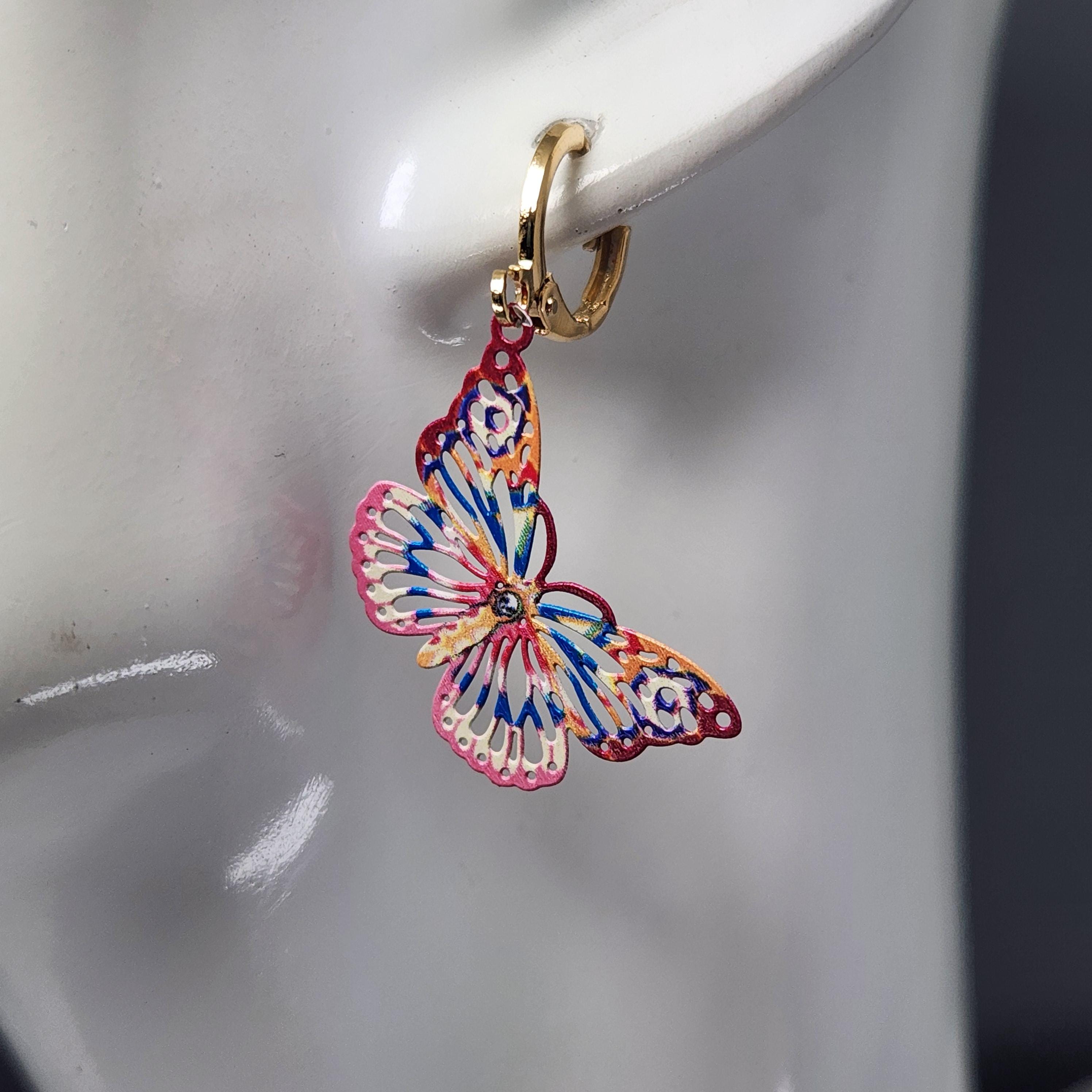 Orecchini A Cerchio Farfalla In Filigrana Arancione Fluorescente - 6 Cm, Metallo Placcato Argento, Bijoux Originali