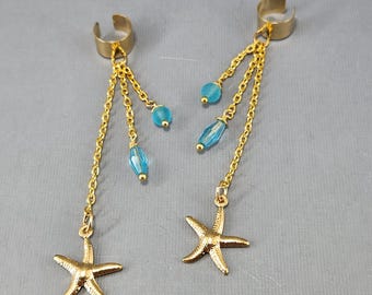 Zeester oor manchet turkoois blauw glas goud ster vis oorbellen zonder piercing paar of enkel