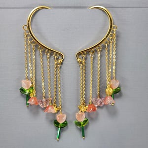 Puños para las orejas Envolturas para las orejas Tulipanes de melocotón Puño para las orejas colgante Envoltura para las orejas de abeja dorada Pendientes sin perforación Puños de flores de campana Puños de flores de tulipán Par o individual