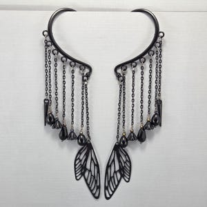 Ear Cuffs Ear Wraps Black Filigree Dragonfly Wing Ear Cuff Long Gothic Ear Wrap Black Spike Ear Cuff No Piercing Earrings Pair or Single