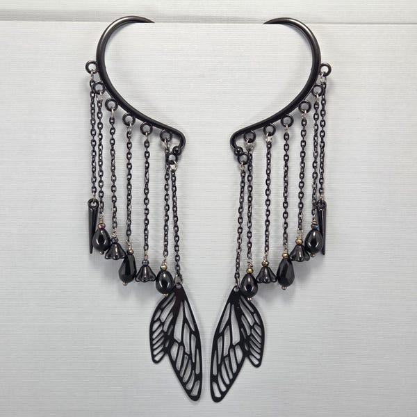 Black Filigree Dragonfly Wing Ear Cuffs - Gothic Spike Dangle Earrings Pair or Single