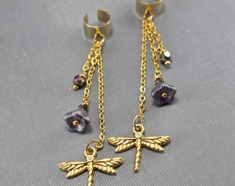 Gold Dragonfly Ear Cuff Purple Glass Flowers No Piercing Earrings Pair or Single