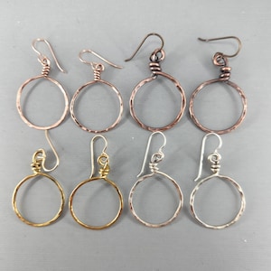 7/8" Hammer Texture Hoops Rustic Hoop Earrings Small Hoop Earrings Boho Hippy Hoops Bright Copper Oxidized Copper Sterling Silver Brass