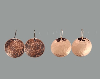 1" Hammered Copper Earrings Copper Hammer Texture Earrings Round Earrings Recycled Copper Earrings Bright Shiny Copper Oxidized Copper