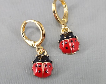 Ladybug Earrings Gold Lady Bug Lever Back Hoop Earrings Huggie Hoops Pair or Single