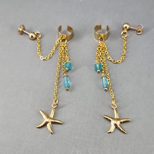 Zeesteroormanchet met piercing Star Fish-oormanchet Dangle Ear Cuff Gold Starfish Ear Cuff Gold Filled-oorbel blauwe glaskralen enkel/paar