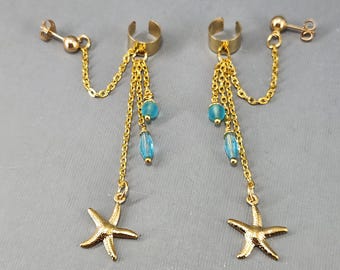 Zeesteroormanchet met piercing turkoois glaskralen Gold Star Fish Gold filled oorknopjes paar of enkel
