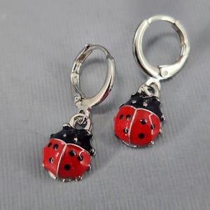 May include: A pair of silver hoop earrings with a dangling ladybug charm. The ladybug is red with black spots and black wings.