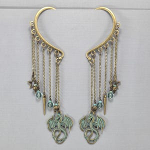 Ear Cuffs Ear Wraps Dragon Ear Cuff Dangle Ear Wrap Latão Dragon Cuffs Brincos sem piercing Latão Patina Dragão Latão Estrela Latão Spike