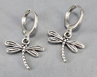 Silver Dragonfly Lever Back Earrings Huggie Hoops Pair or Single