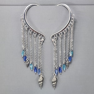 Conch Shell Ear Cuff: Blue Crystal Dangle Ear Wrap, No Piercing