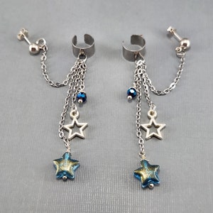 Ear Cuff Estrela Ear Cuff Prata Dangle Ear Cuff Silver Star Charm Smokey Blue Stars Ear Cuff Sterling Silver Posts Brincos Par ou Único