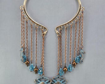 Pendientes de aro con forma de cangrejo, pátina de cobre azul, sin perforación, signo zodiacal Cáncer (par o individual)