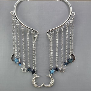 Silver Man in the Moon Ear Cuff Blue Hematite Stars No Piercing Earrings Pair or Single