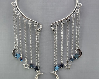 Silver Man in the Moon Ear Cuff Blue Hematite Stars Ear Wrap No Piercing Earrings Pair or Single