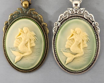 Mermaid Cameo Necklace Mermaid Necklace Cabochon Necklace Mermaid with Conch Shell Necklace Green and Cream Cameo Brass or Silver Bezel