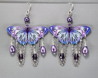 Butterfly Earrings Purple Butterfly Filigree Earrings Long Dangle Earrings Lightweight Chandelier Earrings Victorian Butterfly Earrings