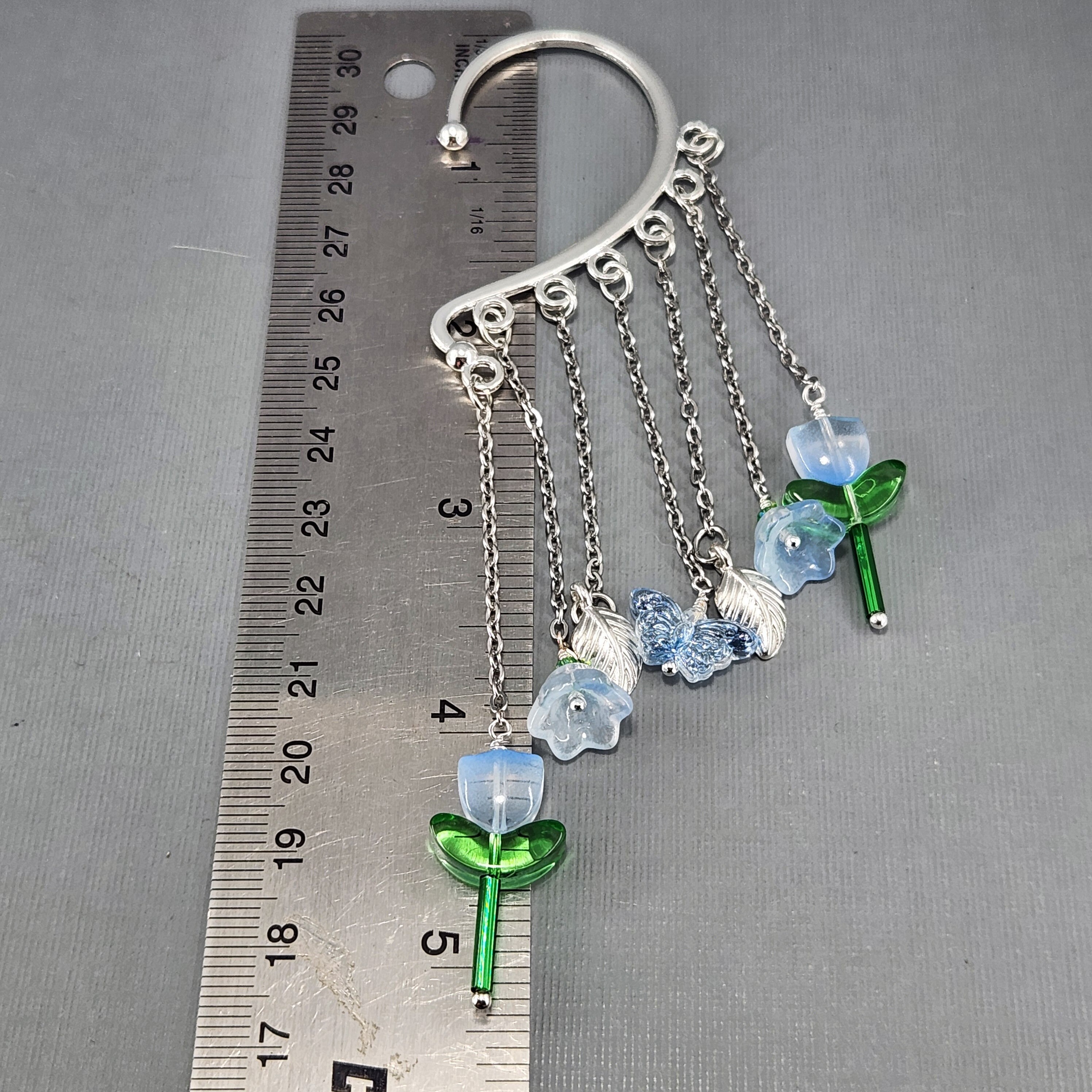 Blue Floral Tulip Ear Cuff, Silver Chain Ear Wrap, No Piercing
