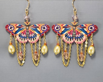 Butterfly Earrings Pink Yellow Butterfly Filigree Earrings Long Dangle Earrings Lightweight Chandelier Earrings Victorian Butterfly Earrings