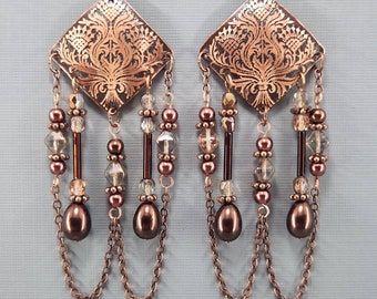 Thistle Earrings Japanese Art Earrings Chandelier Earrings Long Dangle Earrings Copper Glass Pearls Earrings Recycled Etched Copper