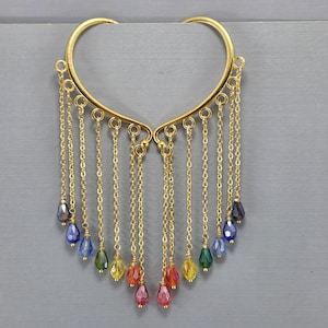 Rainbow Crystal Dangle Ear Cuff: Gold Pride Ear Wrap No Piercing Earrings Pair or Single