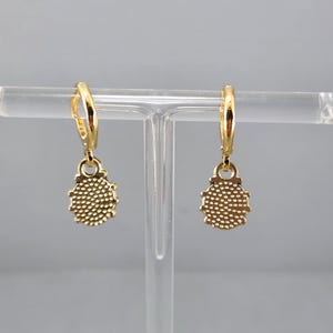 May include: A pair of gold hoop earrings with a small, round, textured charm hanging from each hoop.