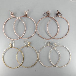 2 1/8&quot; Hammer Texture Hoops Rustic Hoop Earrings Large Hoop Earrings Boho Hippy Hoops Bright Copper Oxidized Copper Sterling Silver Brass
