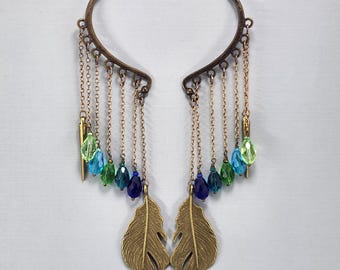 Pendientes de latón con forma de pluma y cuentas de vidrio de pavo real de colores, sin perforación, par o individual