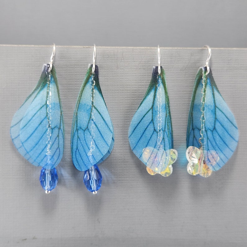 Fairy Wing Earrings Dragonfly Wings Earrings Blue Fairy Wing Earrings Butterfly Crystal Earrings Blue Teardrop Crystal Earrings Dangle Wings image 1
