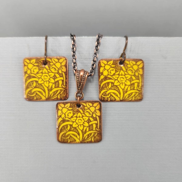 Daffodil Necklace Daffodil Earrings Daffodil Set Celtic Daffodil Jewelry Yellow Daffodils Torch Enameled Torch Decaled Recycled Copper