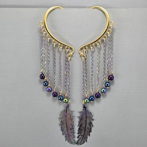 Iridescent Feathers Ear Cuffs Hematite Beads Ear Wrap No Piercing Earrings Pair or Single