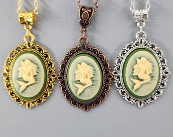 Mermaid Cameo Necklace Mermaid Necklace Cabochon Necklace Mermaid with Conch Shell Pendant Green and Cream Mermaid Gold Silver Copper Bezel