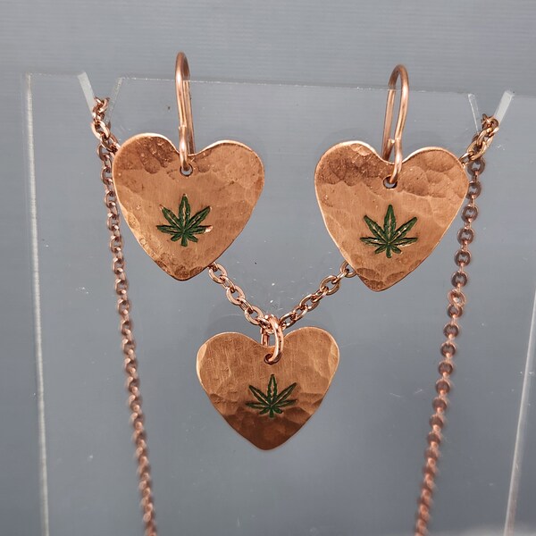 Hemp Leaf Earrings Hemp Leaf Necklace Hemp Leaf Set Hammered Heart Jewelry Stamped Copper Pot Leaf Jewelry Recycled Copper Jewelry