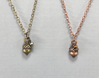 Autumn Acorn Minimalist Necklace: You Choose Antiqued Copper or Brass