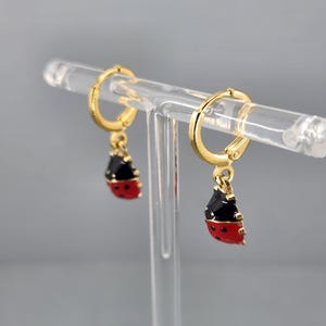 May include: Gold hoop earrings with a dangling ladybug charm. The ladybug is red with black spots and a black head.