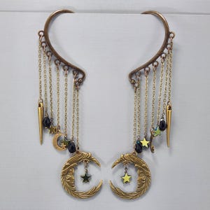 Ear Cuffs Ear Wraps Fairy Moon Ear Cuff Dangle Ear Wrap Brass Fairy Moon Ear Cuffs No Piercing Earrings Hematite Stars Beads Pair or Single