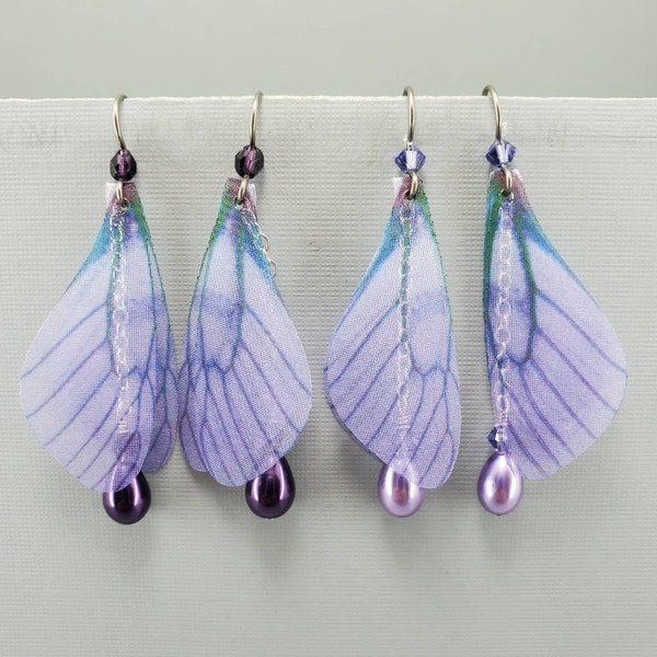 Fairy Wing Earrings Dragonfly Wings Earrings Purple Fairy Wing Earrings Crystal Pearl Drop Earrings Purple Pearl Lavender Pearl Earrings
