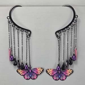 Filigree Butterfly Ear Cuff: Black Chain, Purple Pearls, No Piercing Single or Pair