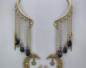 Pendientes largos tipo puño de oreja de luna y estrellas de latón envejecido con diseño de hada y luna, sin perforaciones, par o individual